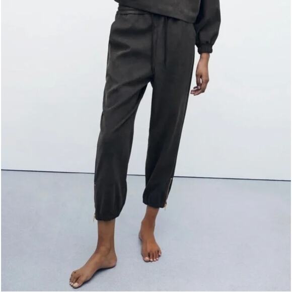 ZARA Gray High Rise Elastic Drawstring Waist Zip Hem Jogger Pants Size Small - Picture 1 of 11